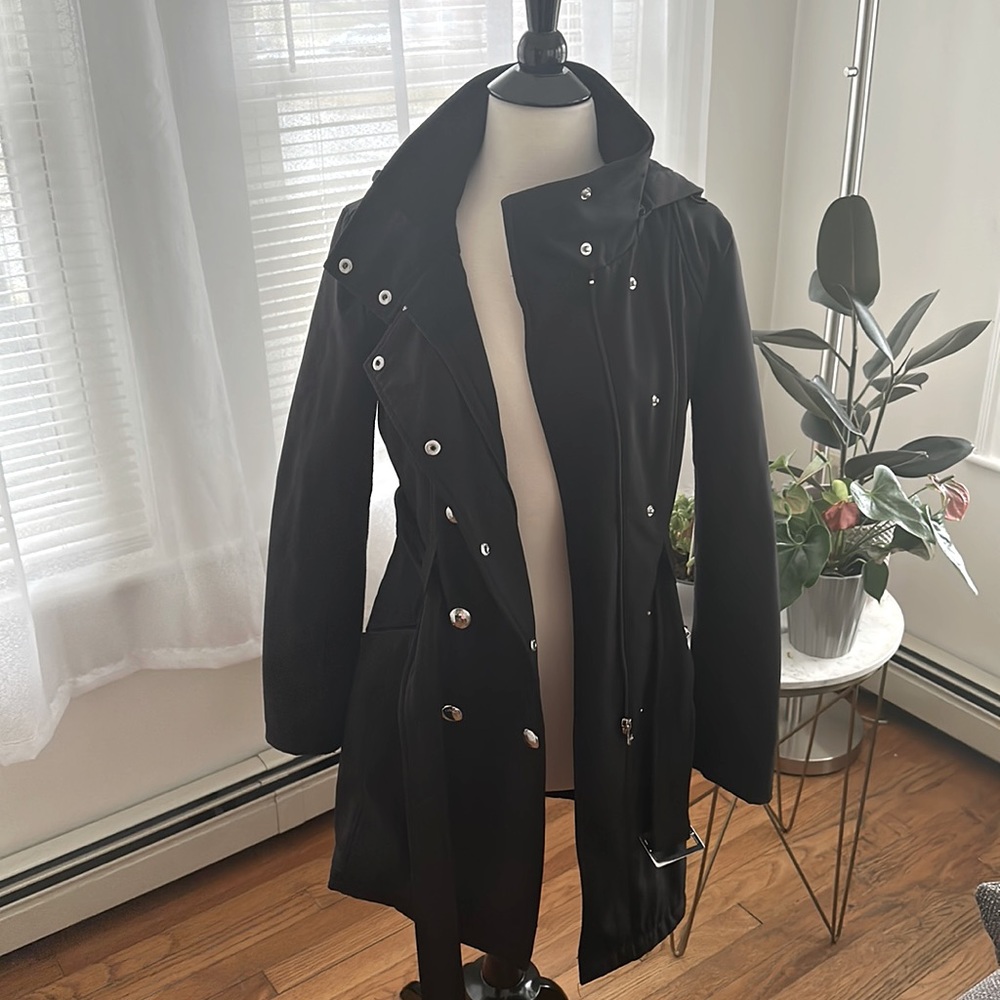 Calvin Klein Stretch Rain Repellent Hooded (removable) Trench Coat, XS